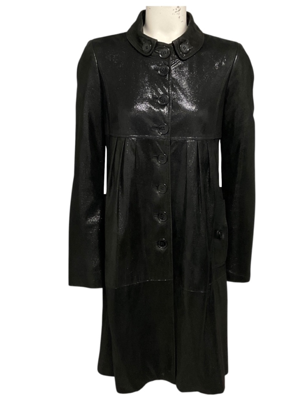 BURBERRY BLACK SHIMMER IRIDESCENT BUTTON FRONT GOATSKIN LEATHER COAT